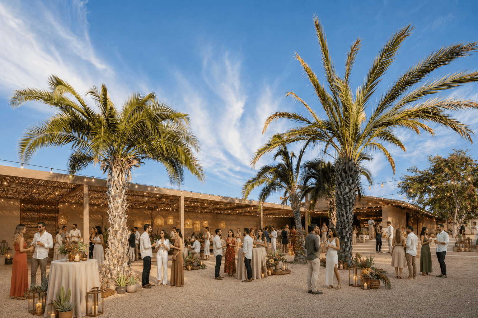 Long outdoor table set for a gathering among the adobe walls of El Perdido at dusk