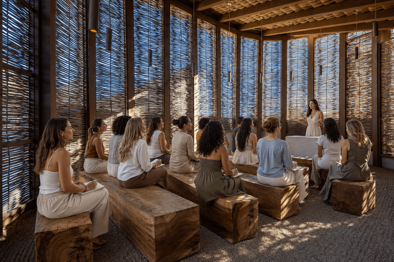 Small group retreat session outdoors at El Perdido in morning light